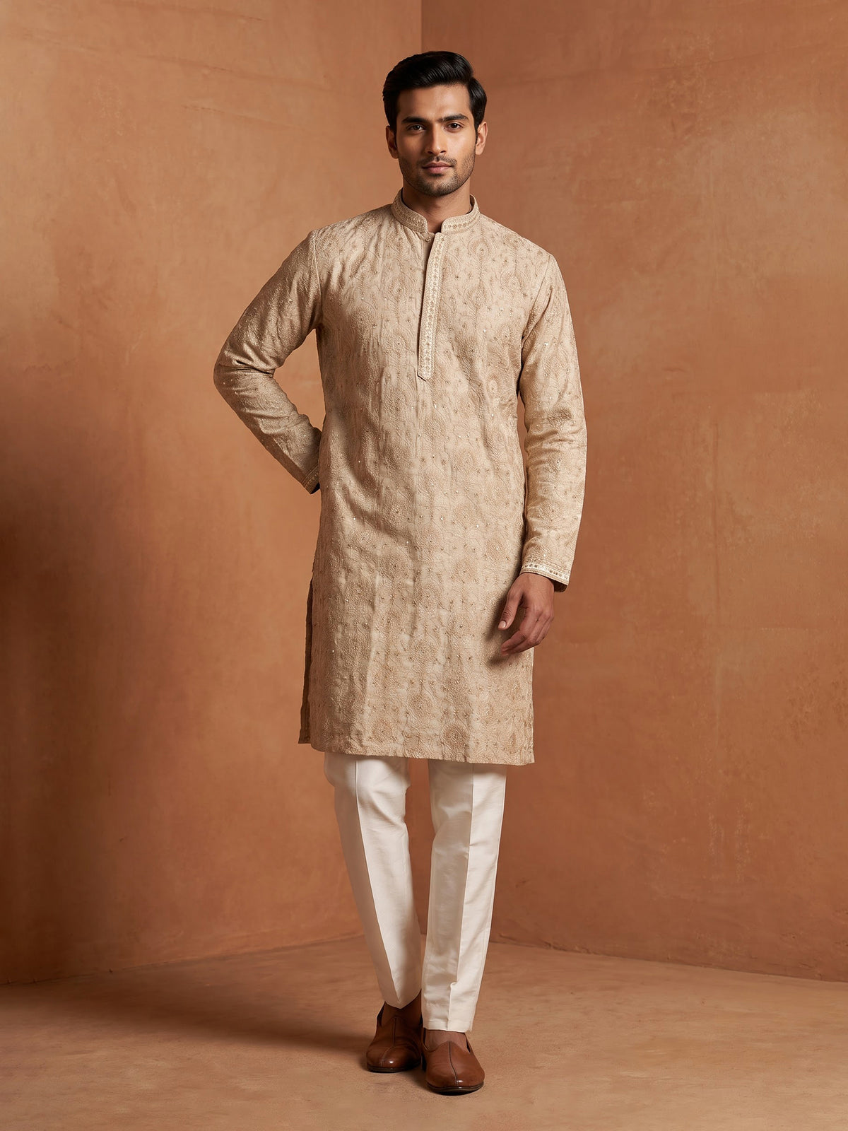 Beige silk kurta set with tonal threadwork and sequins