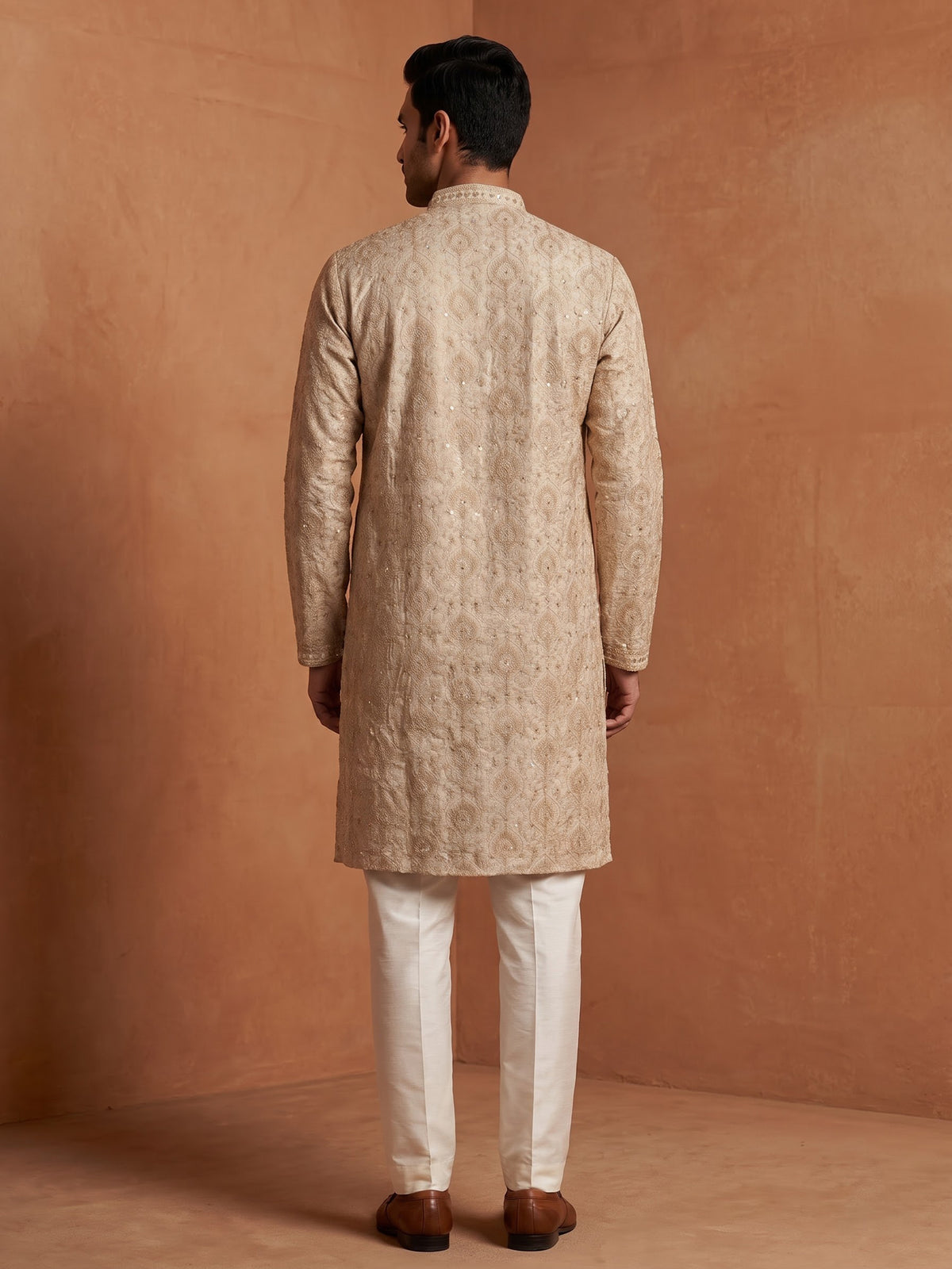 Beige silk kurta set with tonal threadwork and sequins