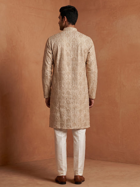 Beige silk kurta set with tonal threadwork and sequins