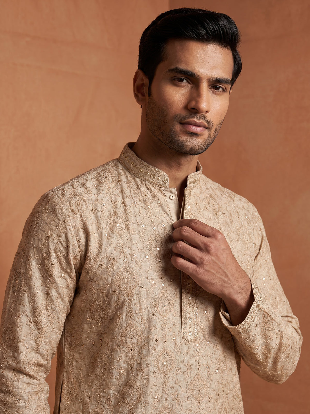 Beige silk kurta set with tonal threadwork and sequins