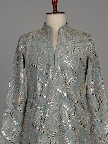 Pastel mint blue silk kurta set with embellished swirl embroidery