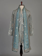 Pastel mint blue silk kurta set with embellished swirl embroidery