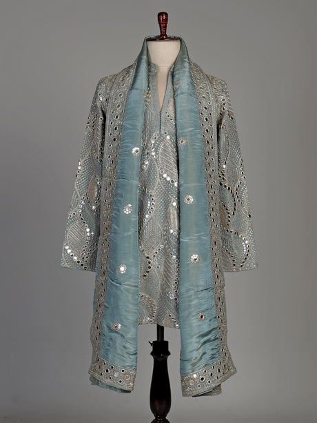 Pastel mint blue silk kurta set with embellished swirl embroidery