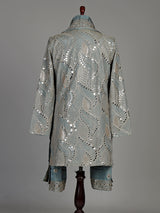 Pastel mint blue silk kurta set with embellished swirl embroidery