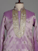 Pastel lilac silk blend kurta set with embroidered yoke detailing