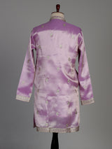 Pastel lilac silk blend kurta set with embroidered yoke detailing
