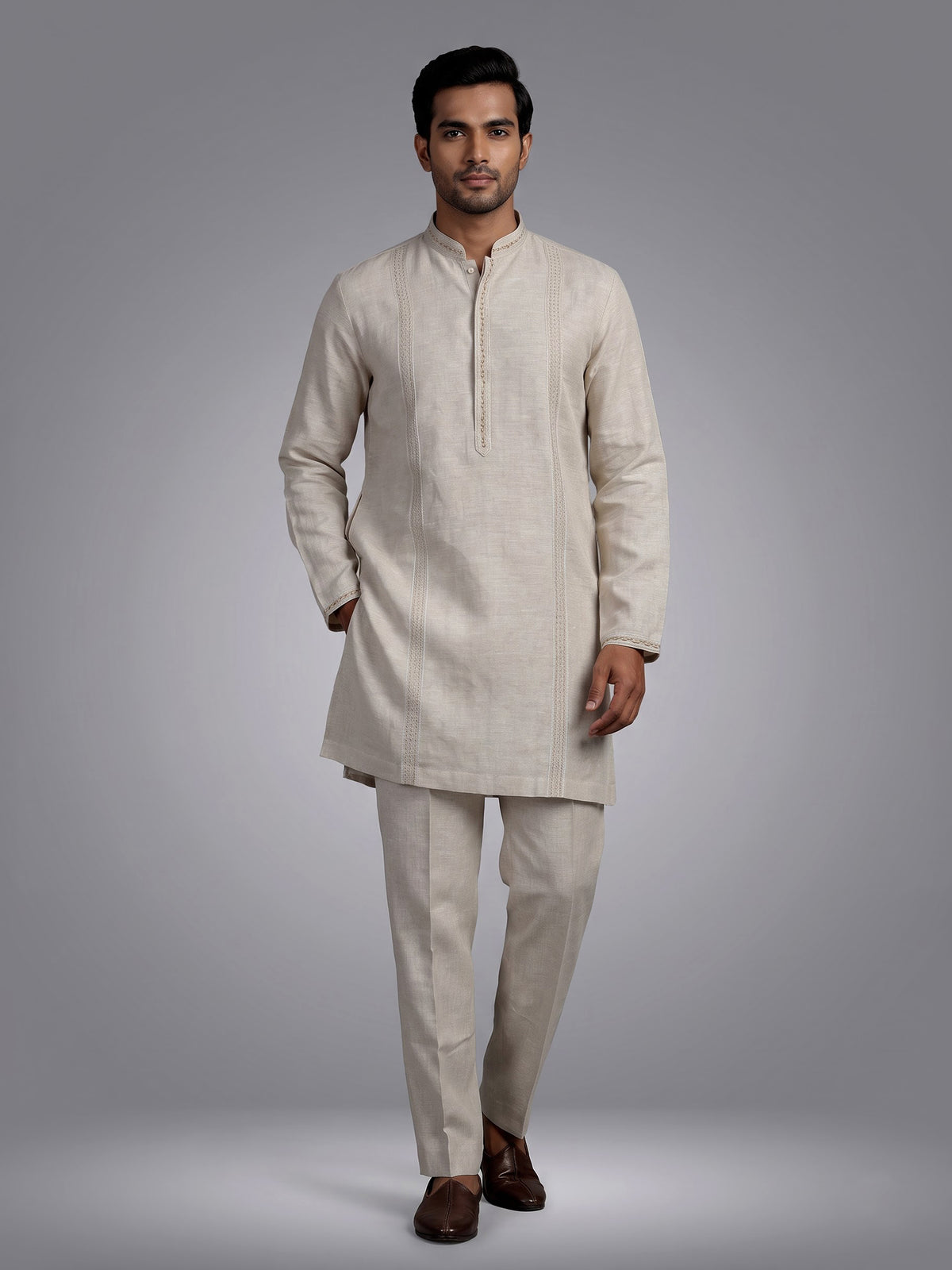 Beige cotton linen kurta set with tonal panels and stonework