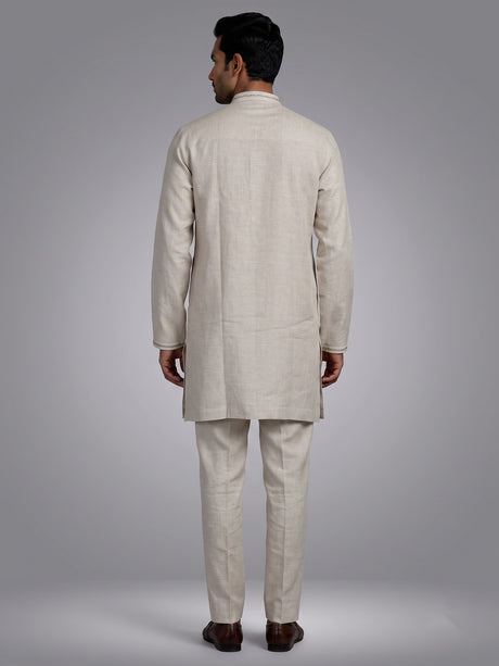 Beige cotton linen kurta set with tonal panels and stonework