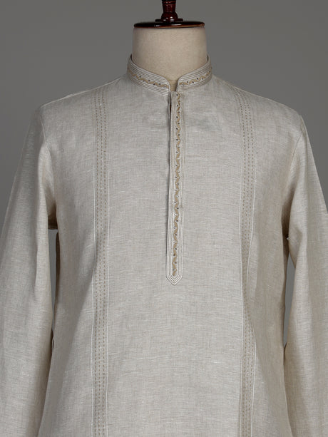 Beige cotton linen kurta set with tonal panels and stonework
