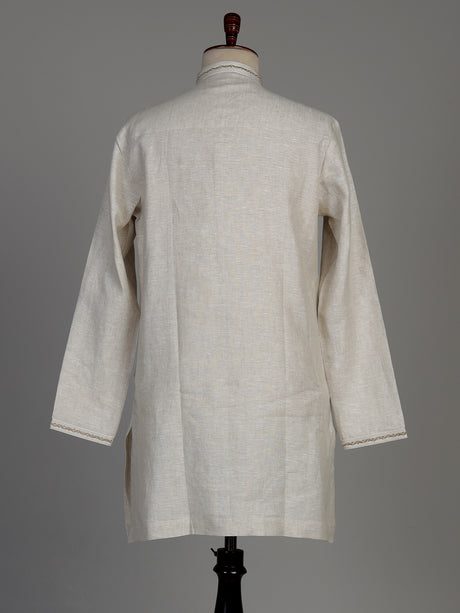 Beige cotton linen kurta set with tonal panels and stonework