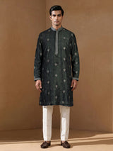 Forest green silk blend kurta set with antique silver detailing