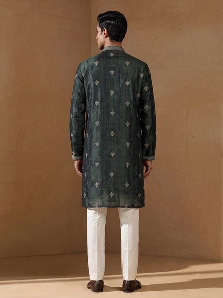 Forest green silk blend kurta set with antique silver detailing