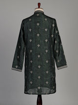 Forest green silk blend kurta set with antique silver detailing