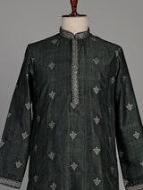 Forest green silk blend kurta set with antique silver detailing