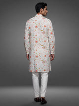 White cotton blend kurta set with multicolour floral prints