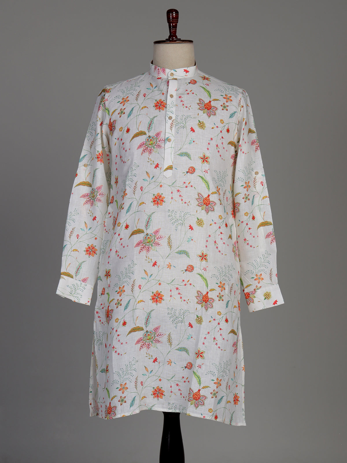 White cotton blend kurta set with multicolour floral prints