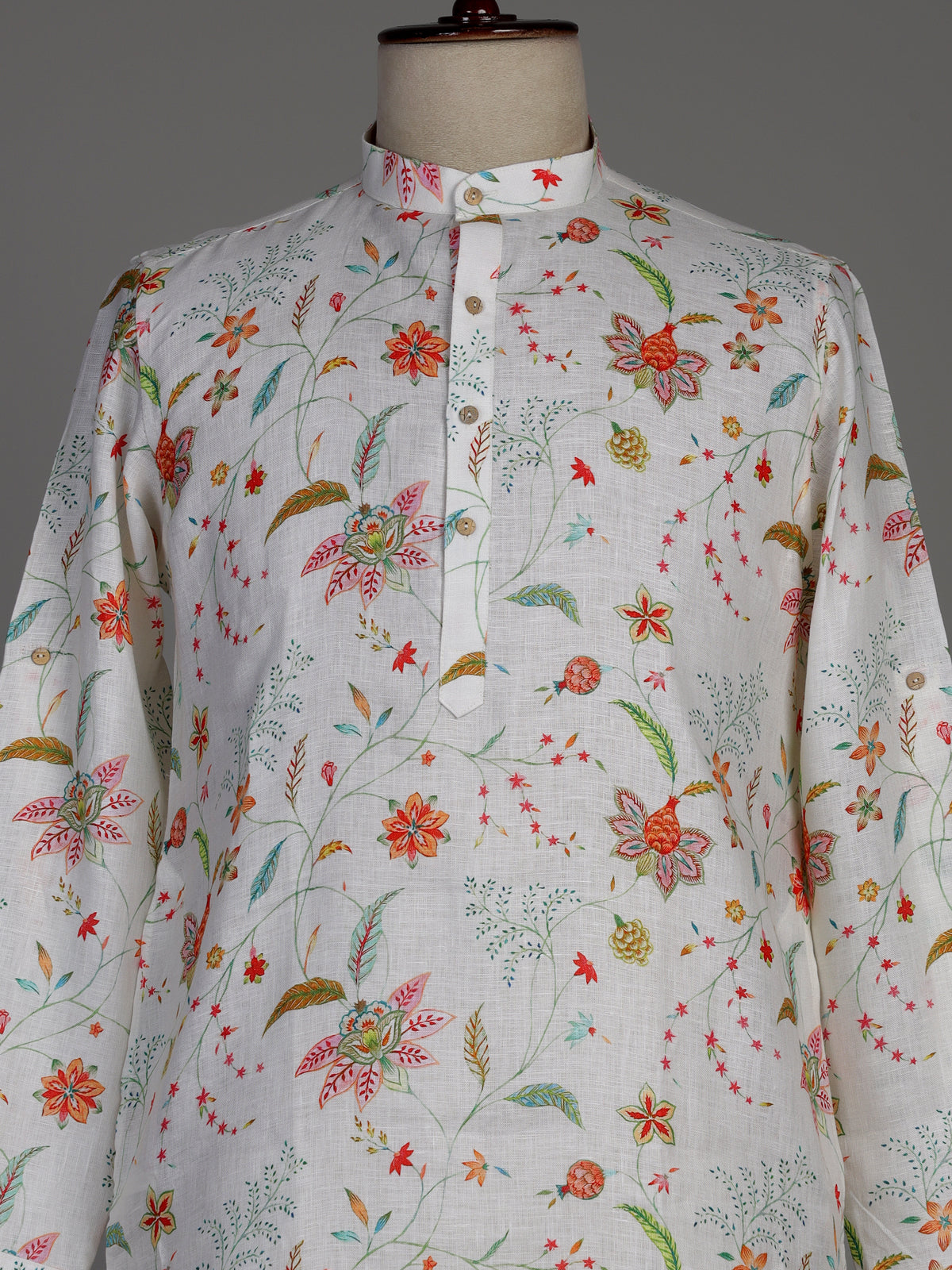 White cotton blend kurta set with multicolour floral prints