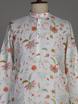 White cotton blend kurta set with multicolour floral prints