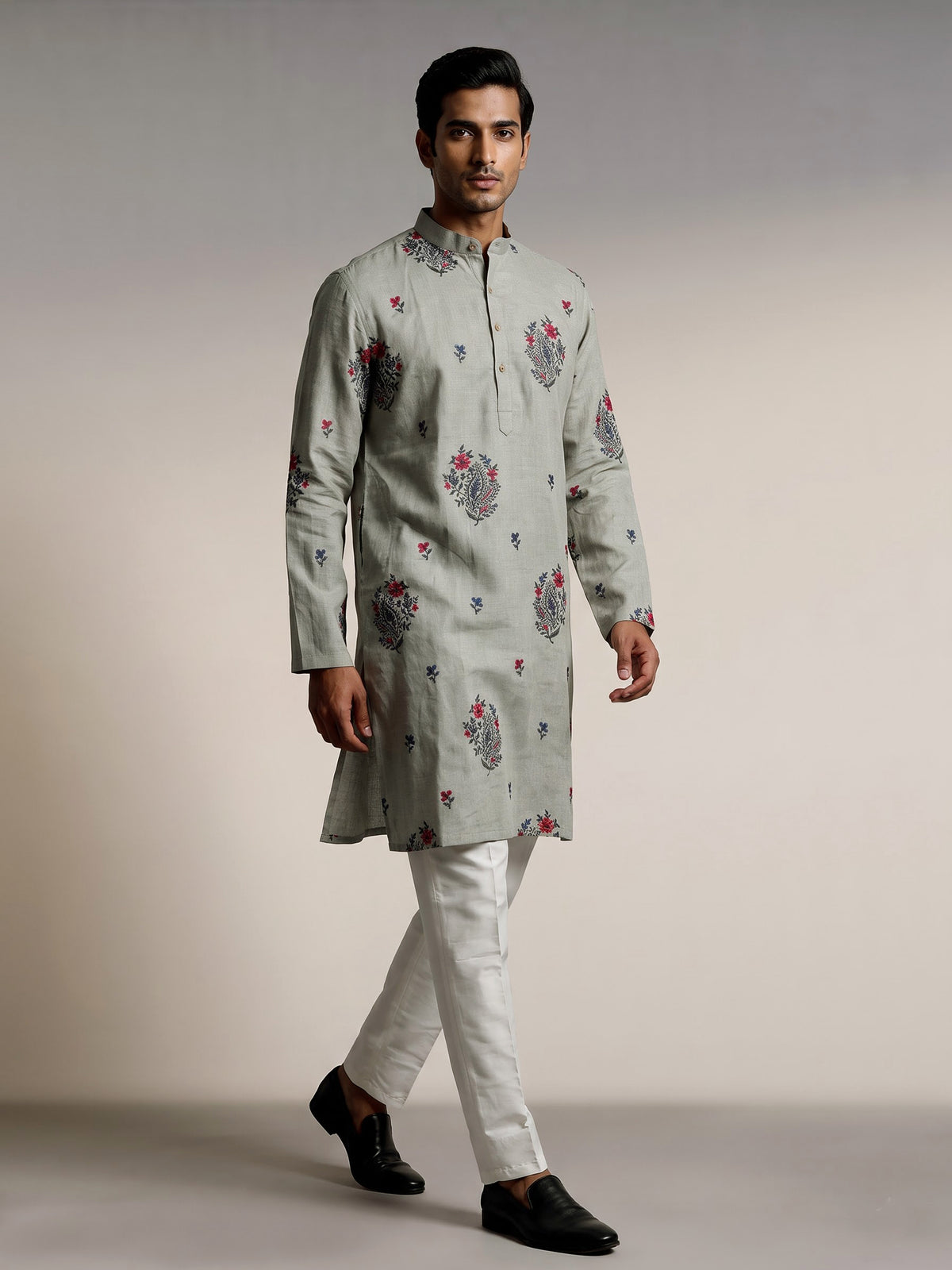 Sage green cotton linen kurta set with floral paisley embroidery