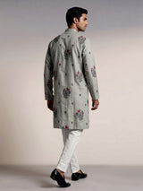 Sage green cotton linen kurta set with floral paisley embroidery