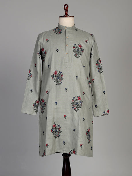 Sage green cotton linen kurta set with floral paisley embroidery