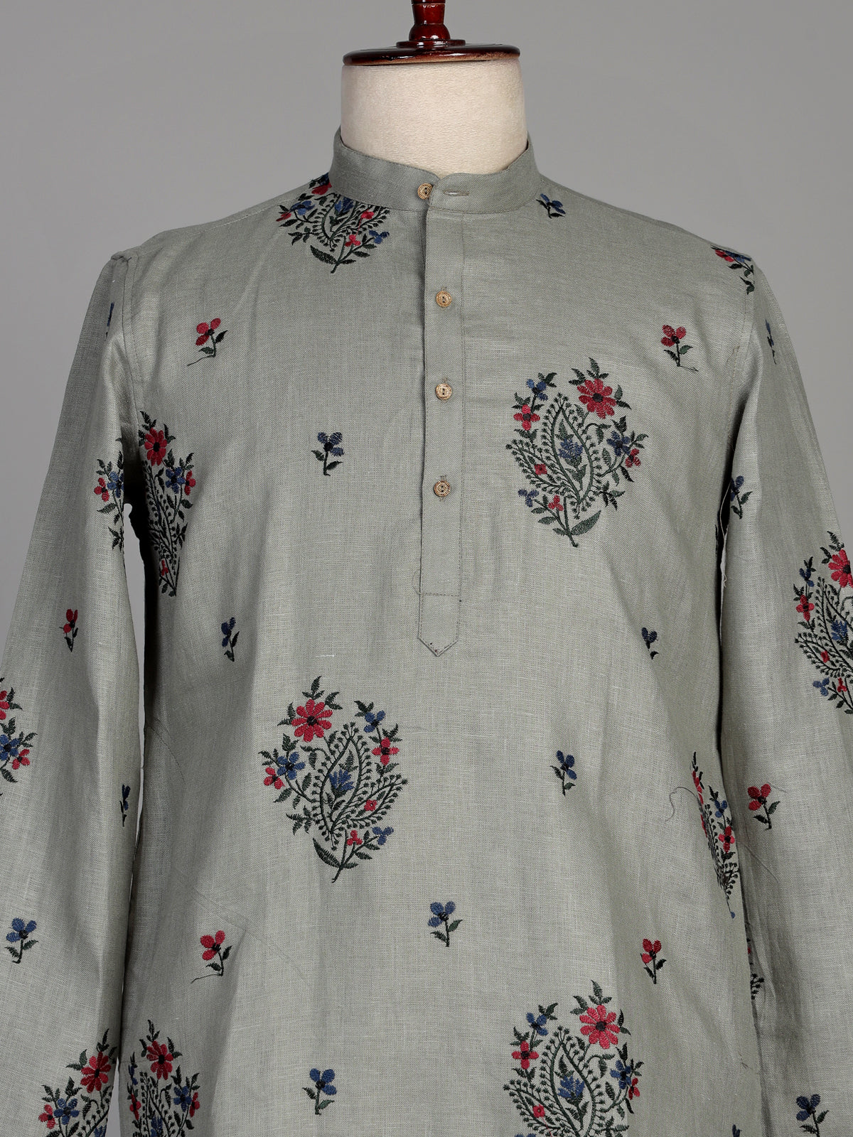 Sage green cotton linen kurta set with floral paisley embroidery