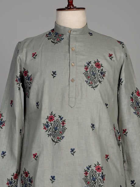Sage green cotton linen kurta set with floral paisley embroidery