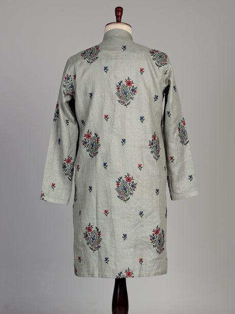 Sage green cotton linen kurta set with floral paisley embroidery