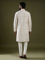 Cream cotton silk kurta set with chikankari floral embroidery