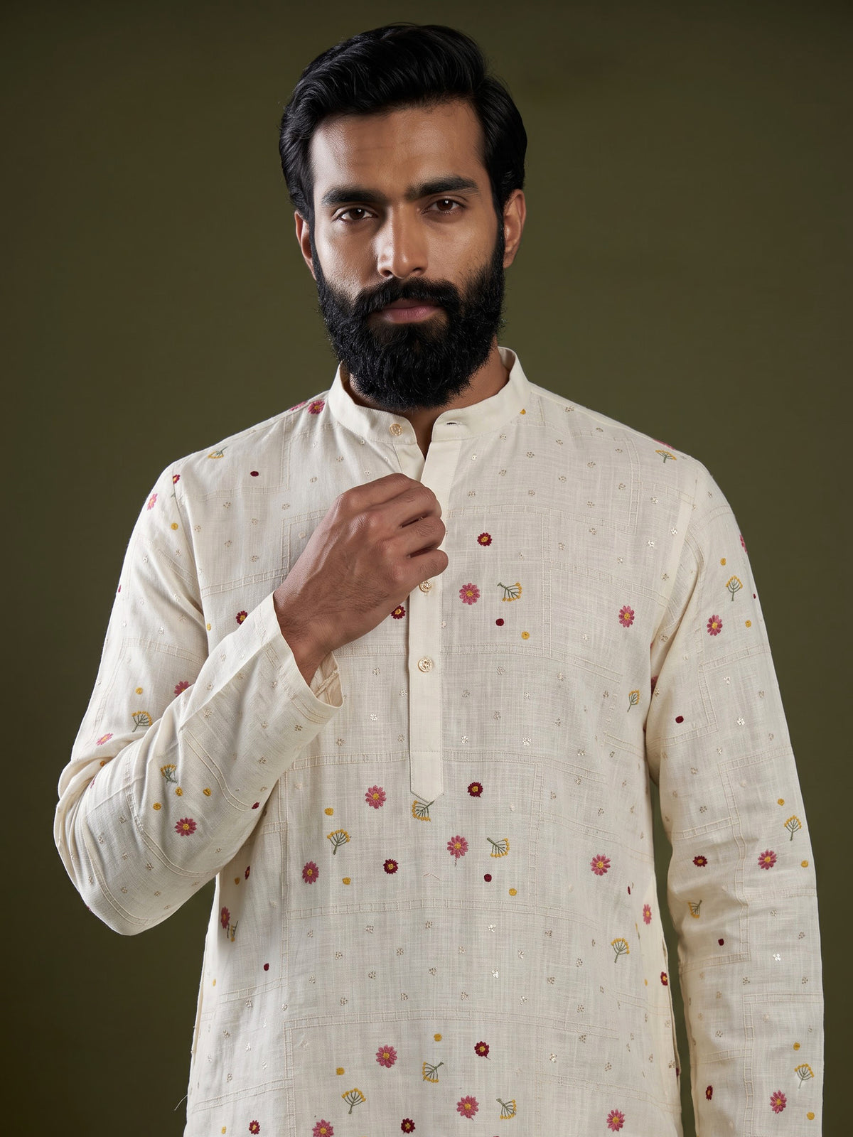 Cream cotton silk kurta set with chikankari floral embroidery