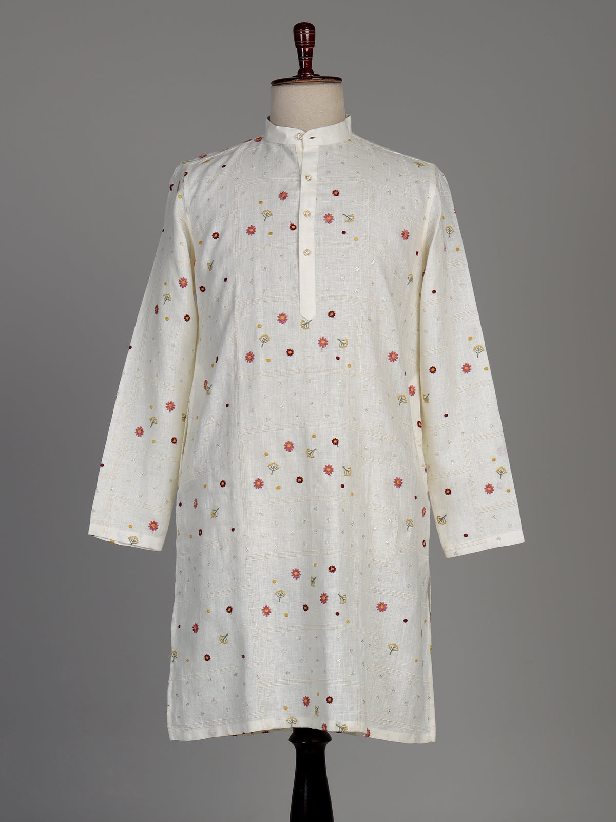 Cream cotton silk kurta set with chikankari floral embroidery