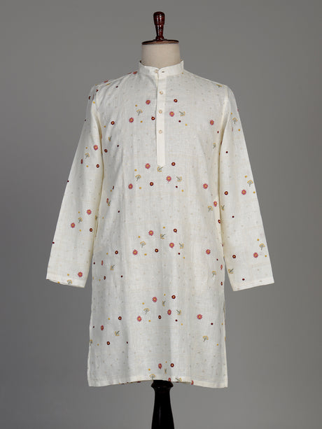 Cream cotton silk kurta set with chikankari floral embroidery