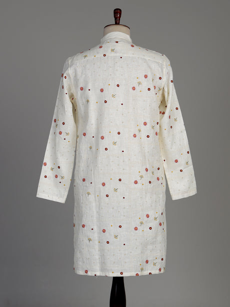 Cream cotton silk kurta set with chikankari floral embroidery