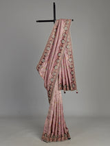 Lavender purple pashmina saree with floral embroidery and pearl detailing