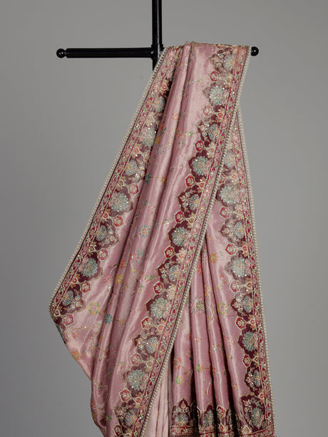 Lavender purple pashmina saree with floral embroidery and pearl detailing
