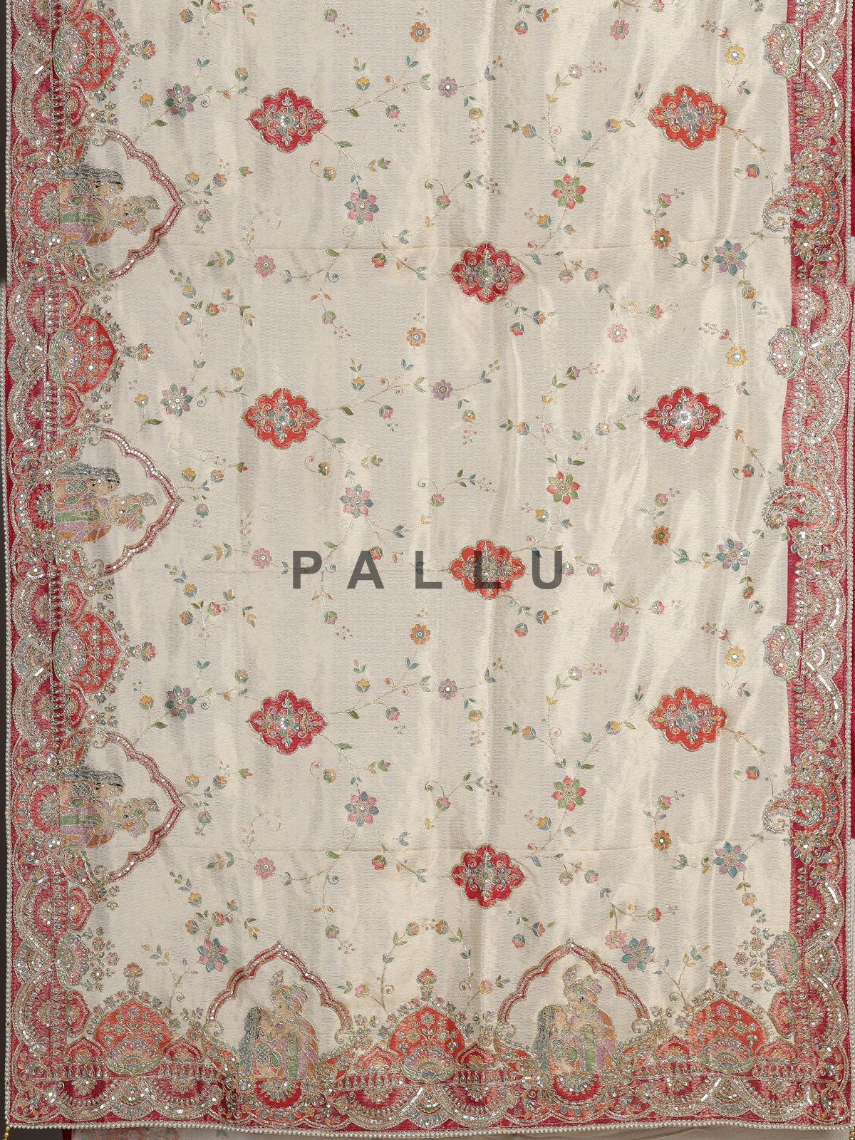 Cream pashmina saree with floral embroidery and contrasting zari pallu