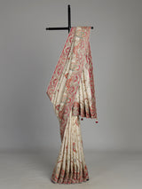 Cream pashmina saree with floral embroidery and contrasting zari pallu