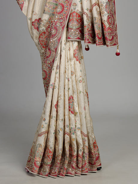 Cream pashmina saree with floral embroidery and contrasting zari pallu