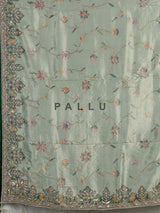 Pastel mint green pashmina saree with floral and bird embroidery