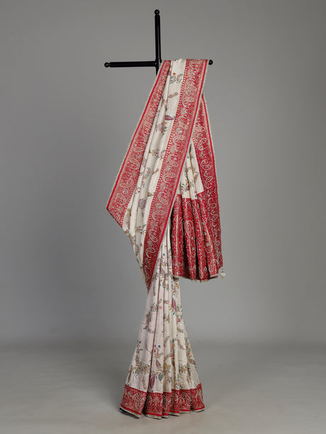 Cream pashmina saree with floral embroidery and diamond embellishments
