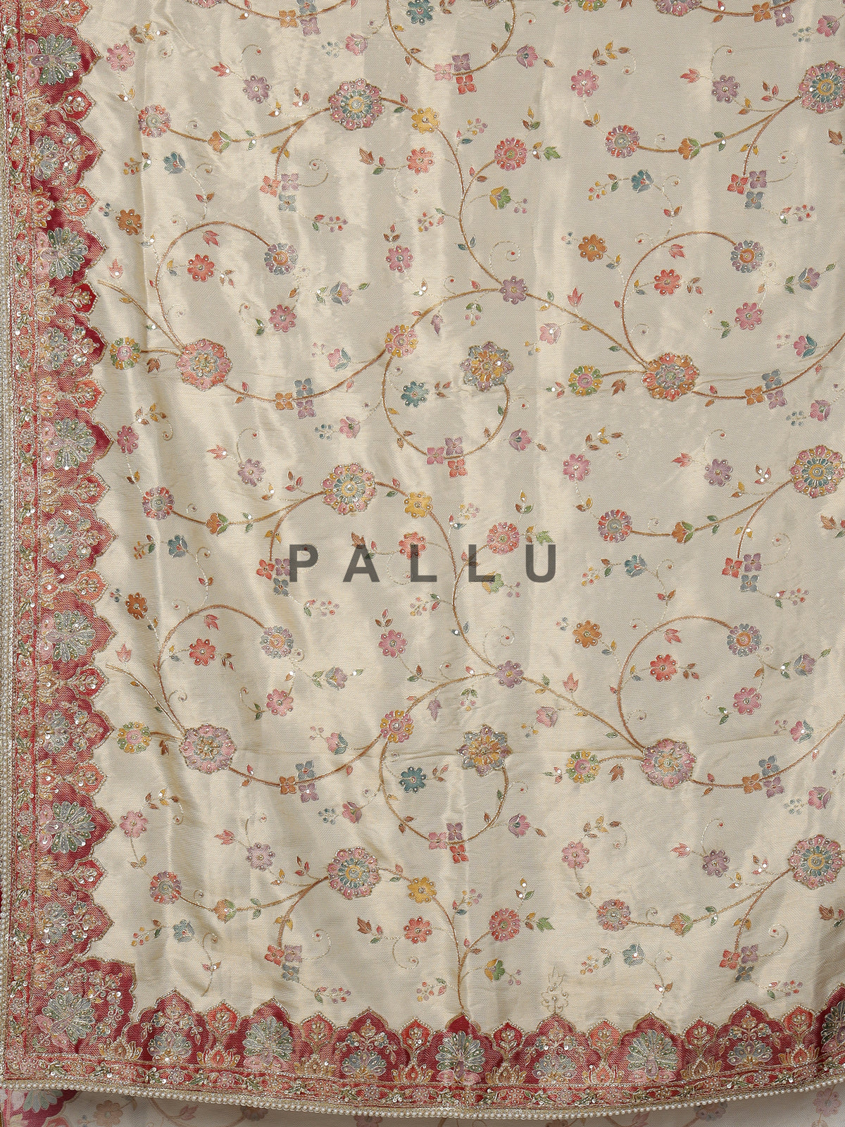 Cream pashmina saree with floral motifs and contrasting embellished border