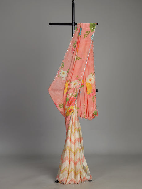 Peach crepe silk saree with floral prints and delicate aabla work