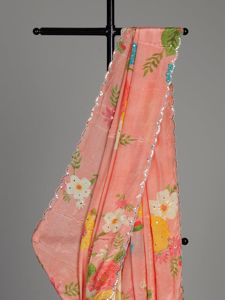 Peach crepe silk saree with floral prints and delicate aabla work