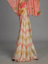 Peach crepe silk saree with floral prints and delicate aabla work