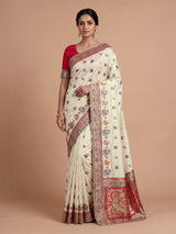 Cream pashmina saree with elephant and bird motifs and zari