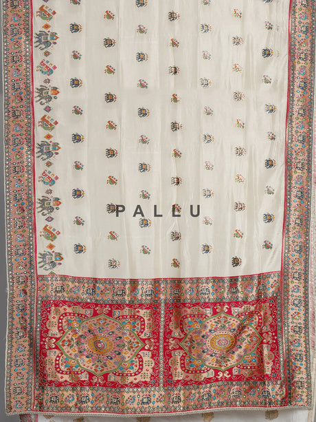 Cream pashmina saree with elephant and bird motifs and zari