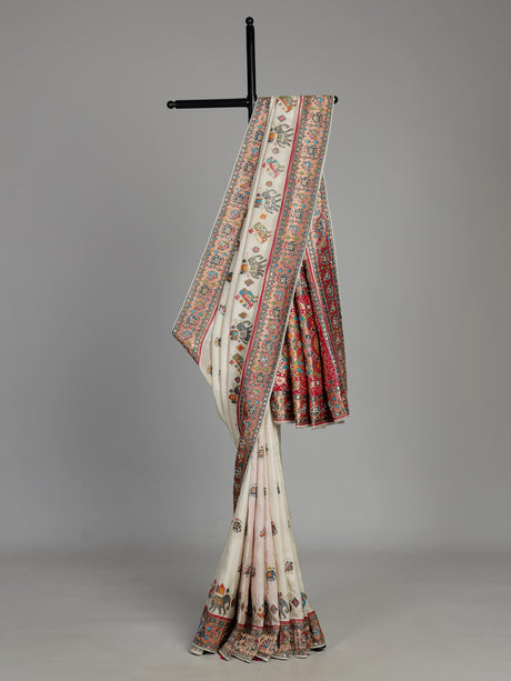 Cream pashmina saree with elephant and bird motifs and zari