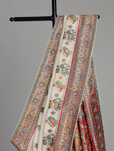Cream pashmina saree with elephant and bird motifs and zari