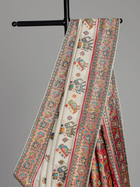 Cream pashmina saree with elephant and bird motifs and zari