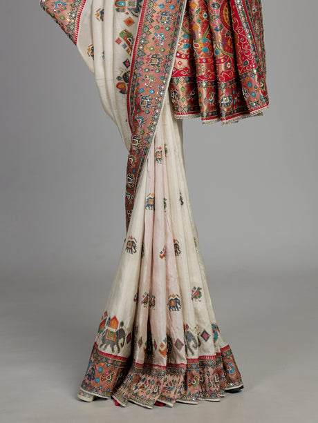 Cream pashmina saree with elephant and bird motifs and zari
